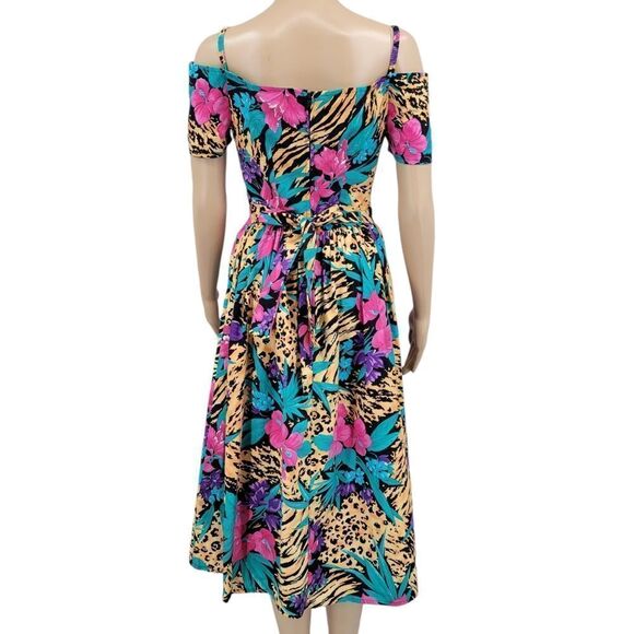 SMW 80s Vintage Drop Waist Off the Shoulder Leopard Cheetah Tropical Dress - Picture 3 of 15